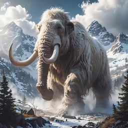 a mammoth in the snow with his tusks outstretched