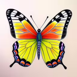 a colorful butterfly is sitting on a white wall,a colorful butterfly has large black and orange wings,a yellow butterfly on a white wall,a drawing of a butterfly sitting on top of a wall,an art print of a butterfly on a white wall