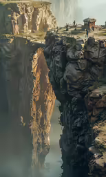 there are people walking along a bridge that crosses the cliff