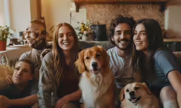 a family is taking a photo on their couch with their dog