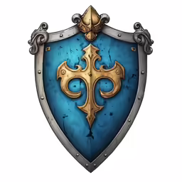 a blue shield with gold accents on it