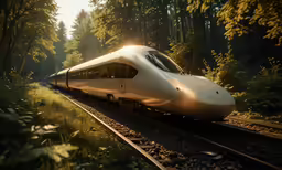 the train is on the tracks in the forest