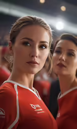 two beautiful women dressed in red standing next to each other