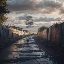 a man walking down a street with a cloudy sky above