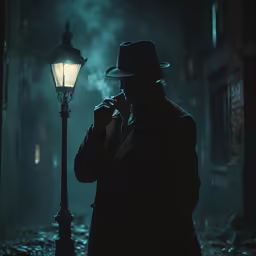 a man standing next to a lamppost in the dark
