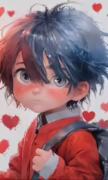 anime character with red clothing and blue eyes holding a red backpack