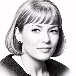 a woman with a black and white photo on her head