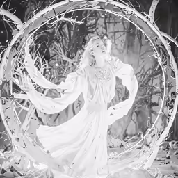 an artistic black and white photo of a woman in a flowing dress with her hands out