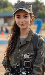 a woman with a hat and backpack holding a camera