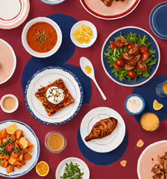 various dishes on red and blue plates, some have small sides,a bunch of plates that are on a table