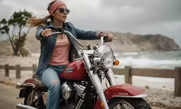 a woman with glasses on a red motorcycle