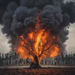 a woman is sitting in front of a giant fire