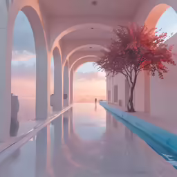a red tree sitting in the middle of a pool