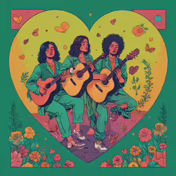 a couple of people that are holding guitar,the psychedelic artwork features three musicians holding guitars