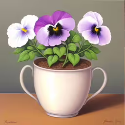 three pansies are in a cup on the table,a painting of pansies in a coffee cup