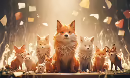 a very cute fox with many smaller ones