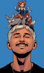 the face of a man with people on his head