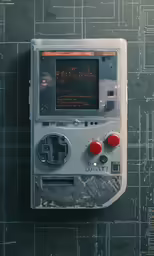 a handheld device with a red screen next to a wall