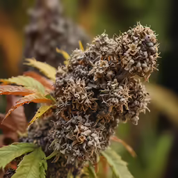 a close up of some brown and green leaves