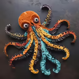 an octopus with googly eyes and tail colors sitting on a surface