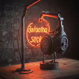 a lamp in front of a neon sign advertising a restaurant