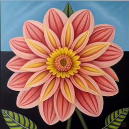 a painting of a flower on a black background,a picture of a pink flower with green leaves,a painting of a bright pink flower with leaves surrounding it,this is a painting of a flower made up of paper and colored leaves,an oil painting with a large flower in the center of it