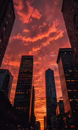 a red sky over some tall buildings