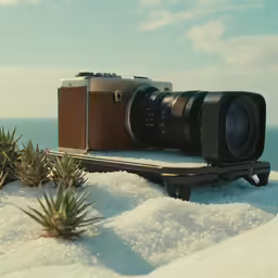 a camera sitting on the snow, outside