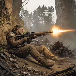 a man holding a rifle as another man looks on in the distance