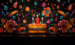 a lit cake with orange frosting and two candles
