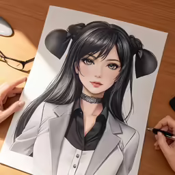 an anime character is coloring the picture on the table