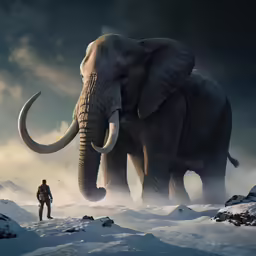 a man standing next to an elephant with huge tusks