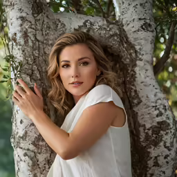 a beautiful young lady leans against the tree