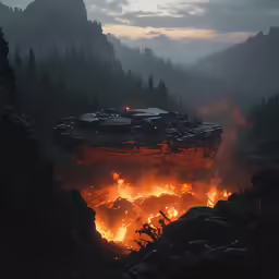 an over sized spaceship sitting above some rocky landscape