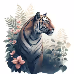 a tiger standing among flowers and leaves