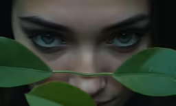 a close up of a woman with leaves in her eyes