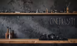 several bottles, shoes and jars on top of a shelf