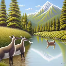 two deer stand near water and green grass,two deer and an antelope are drinking water,deer and another animal standing by the water in the grass,the animals are drinking water from the pond,two deer that are next to water and trees