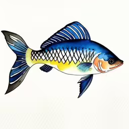 a drawing of a large blue fish on white paper,an image of a fish on white paper
