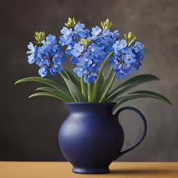 blue flowers in a black vase with green leaves