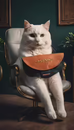 a white cat sitting in a chair while holding a leather purse