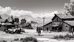 there is an old western town with old trucks,an old town with mountains in the background