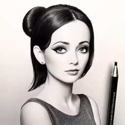 a woman with a lipstick pencil, posing for a photo