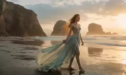 a woman in a long blue dress walking on the beach