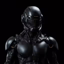 the robot is staring at the camera on a black background