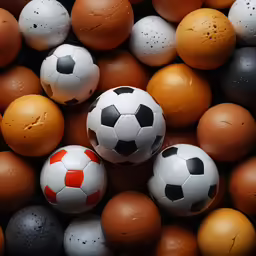 several soccer balls piled up in one bucket