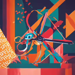 a pair of scissors sitting on top of a box,a very creatively designed painting with many items inside