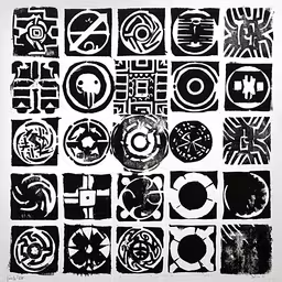 some black and white art that is on display,a group of different type and font in squares and circles