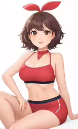 a woman in a red swimsuit is sitting on the ground