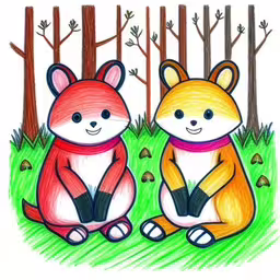 two little foxes are sitting in the woods